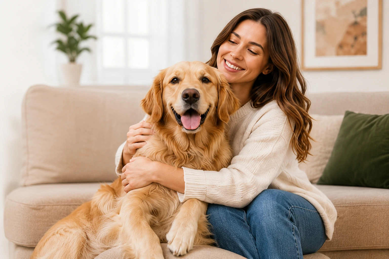 Woman hugging her golden retriever at home with Follow The Tail treats