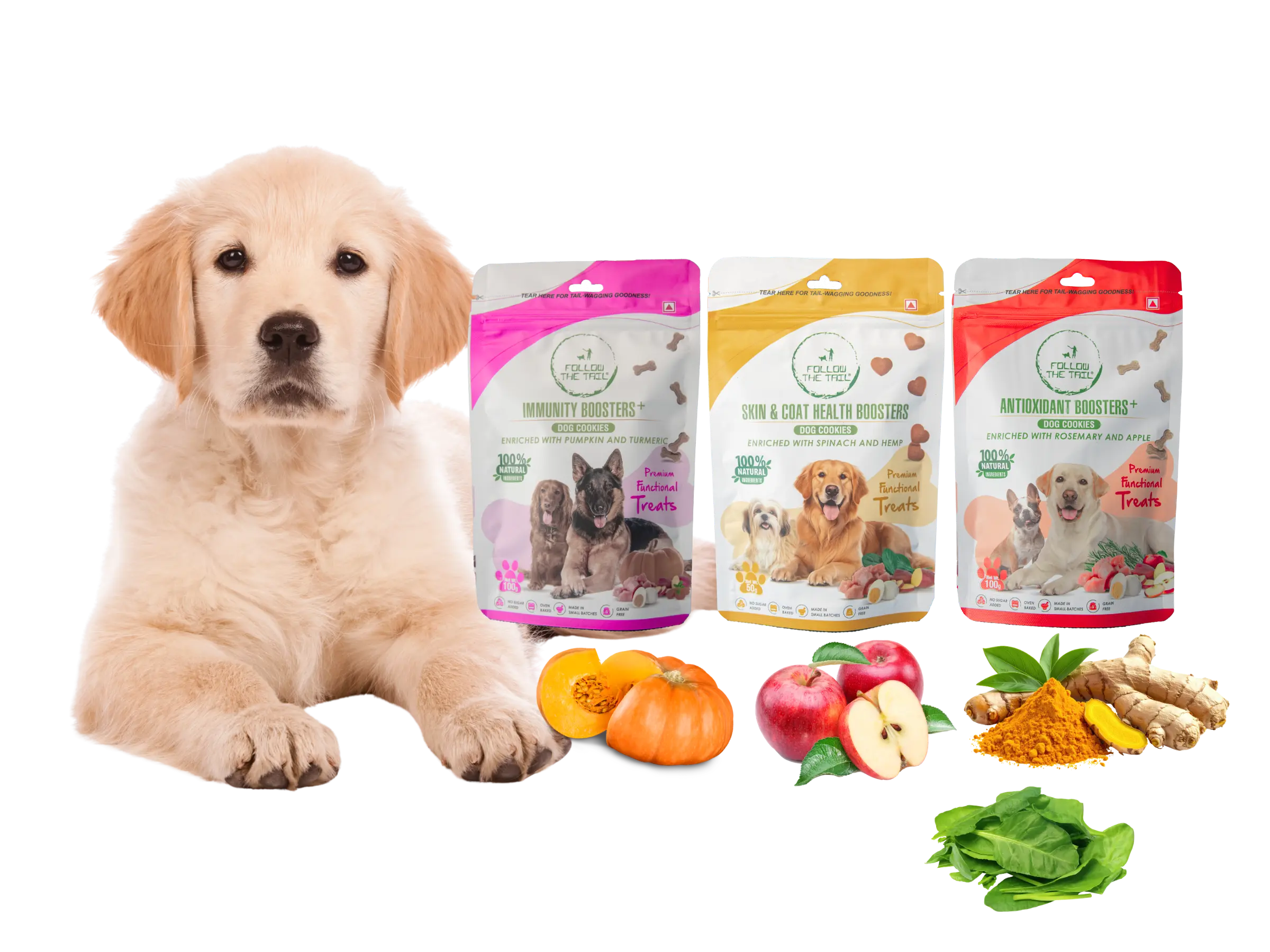 Golden retriever with Follow The Tail Skin & Coat, Immunity and Pure & Gentle treat pouches