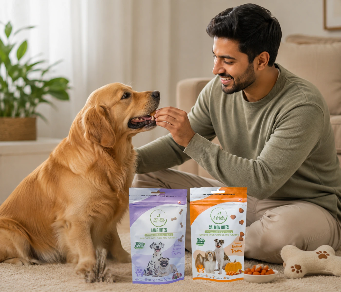 Dog with Follow The Tail Pure & Gentle Lamb Bites and Salmon Bites pouches