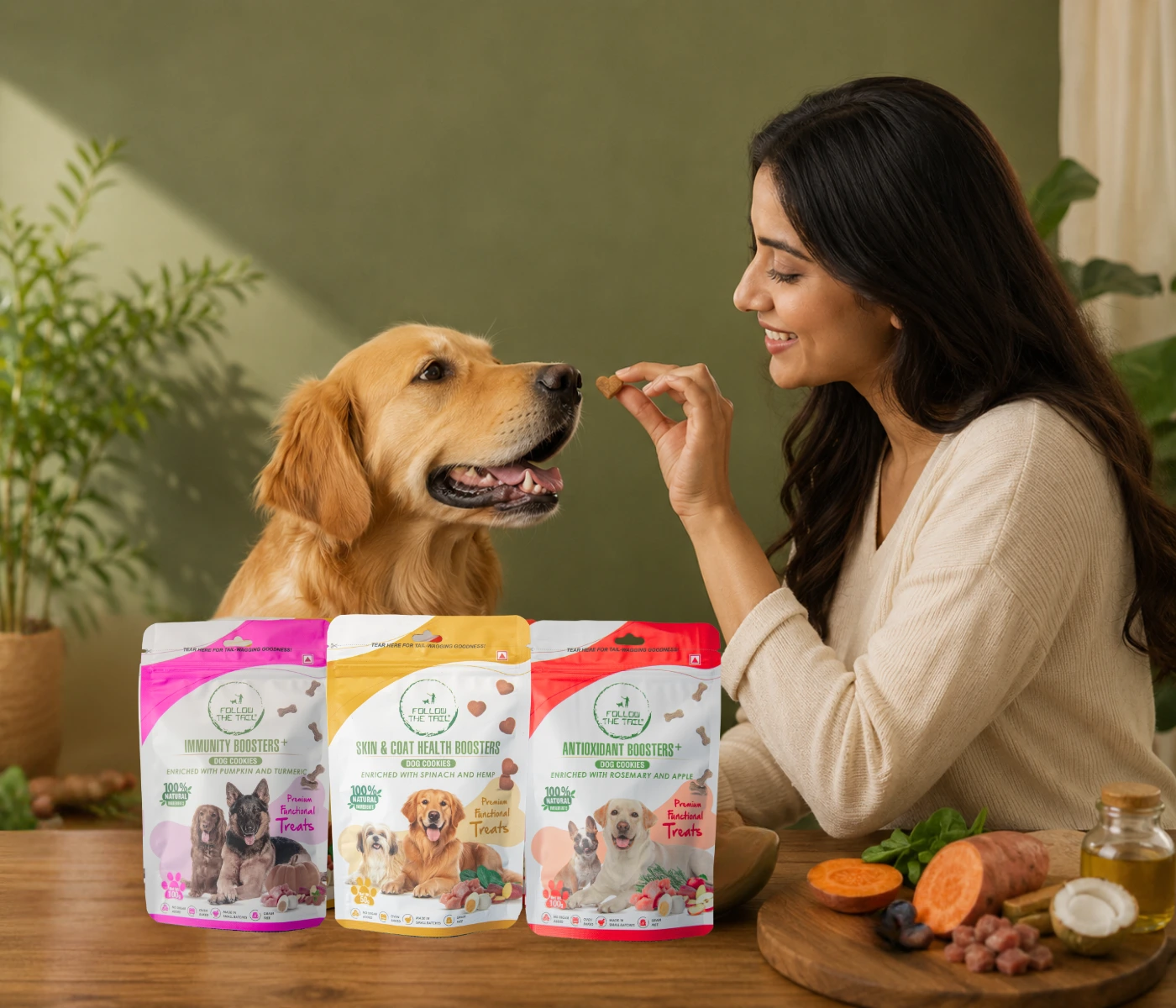 Dog with Follow The Tail Functional Treats — Immunity, Skin & Coat, Antioxidant and Joint Health pouches