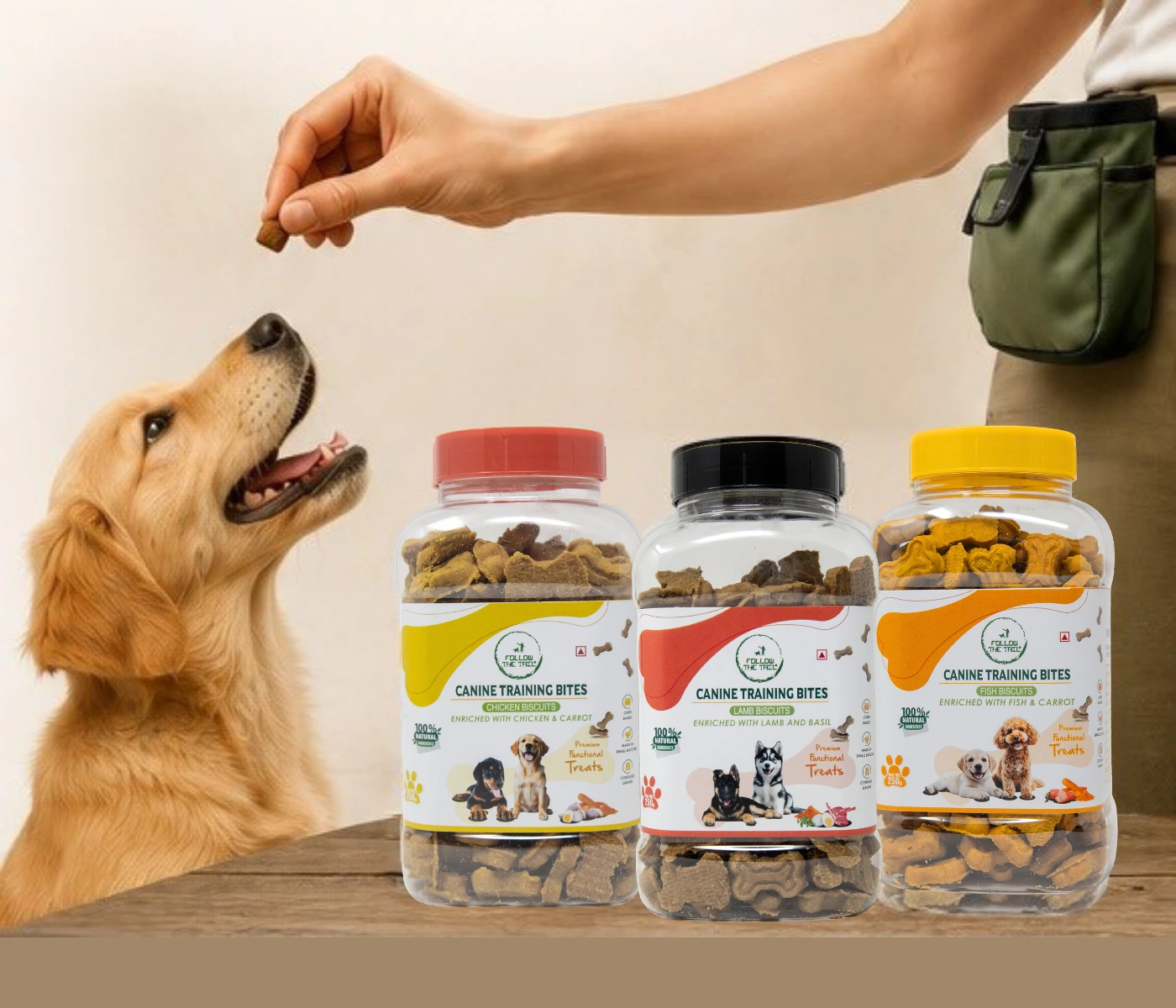Hand feeding a golden retriever a training treat, with Canine Training Bites jars on the table