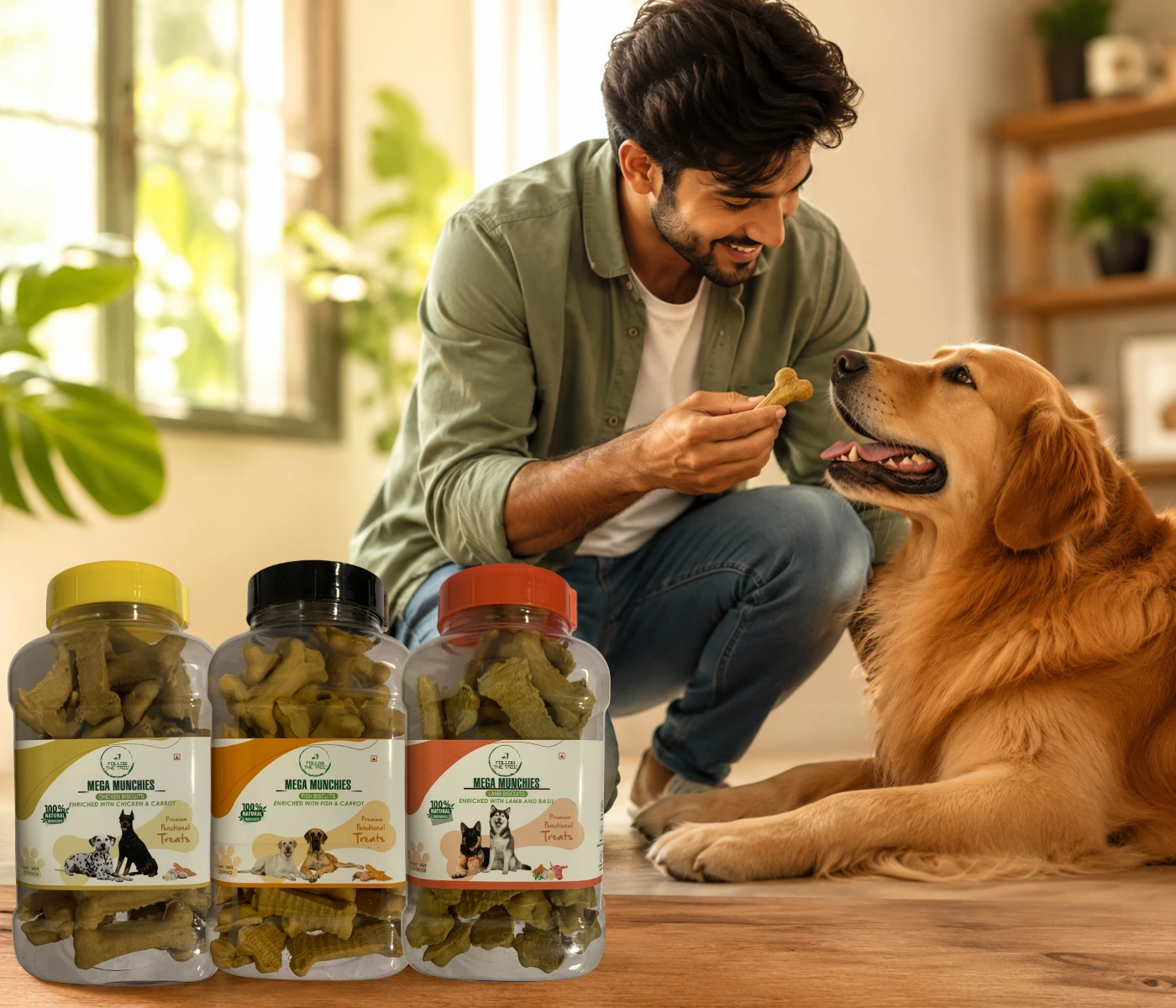 Dog enjoying Mega Munchies crunchy biscuits, with product jars on the table