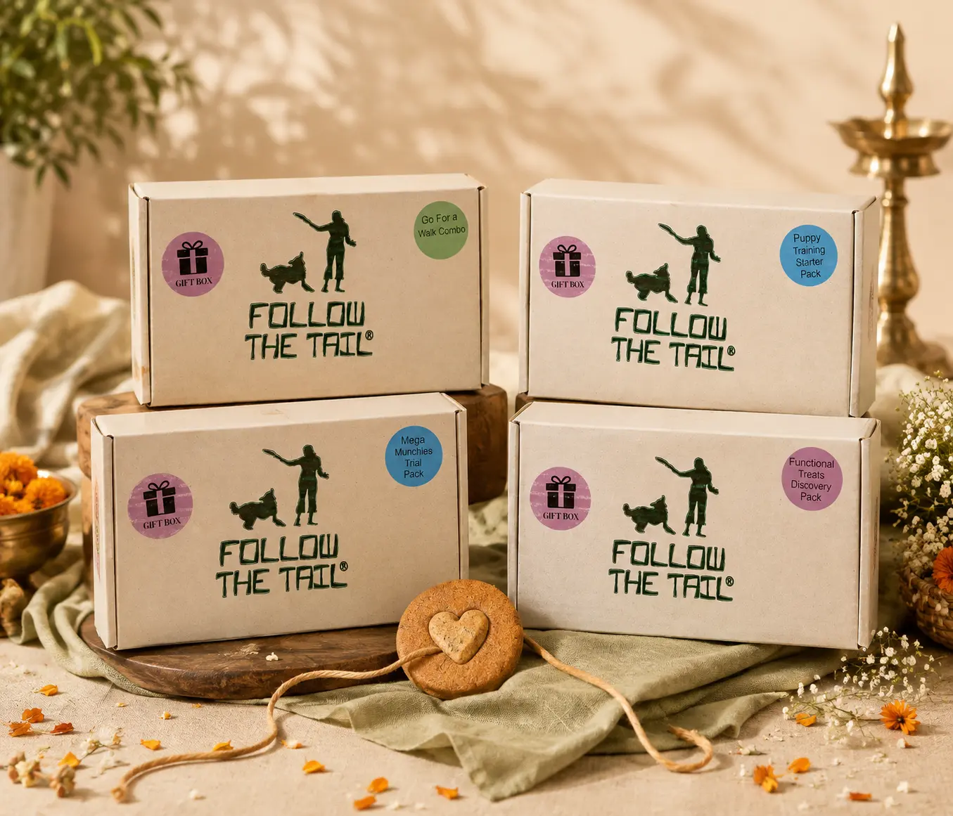 Dog wearing a Follow The Tail DIY Edible Rakhi, with Rakhi treat and gift boxes