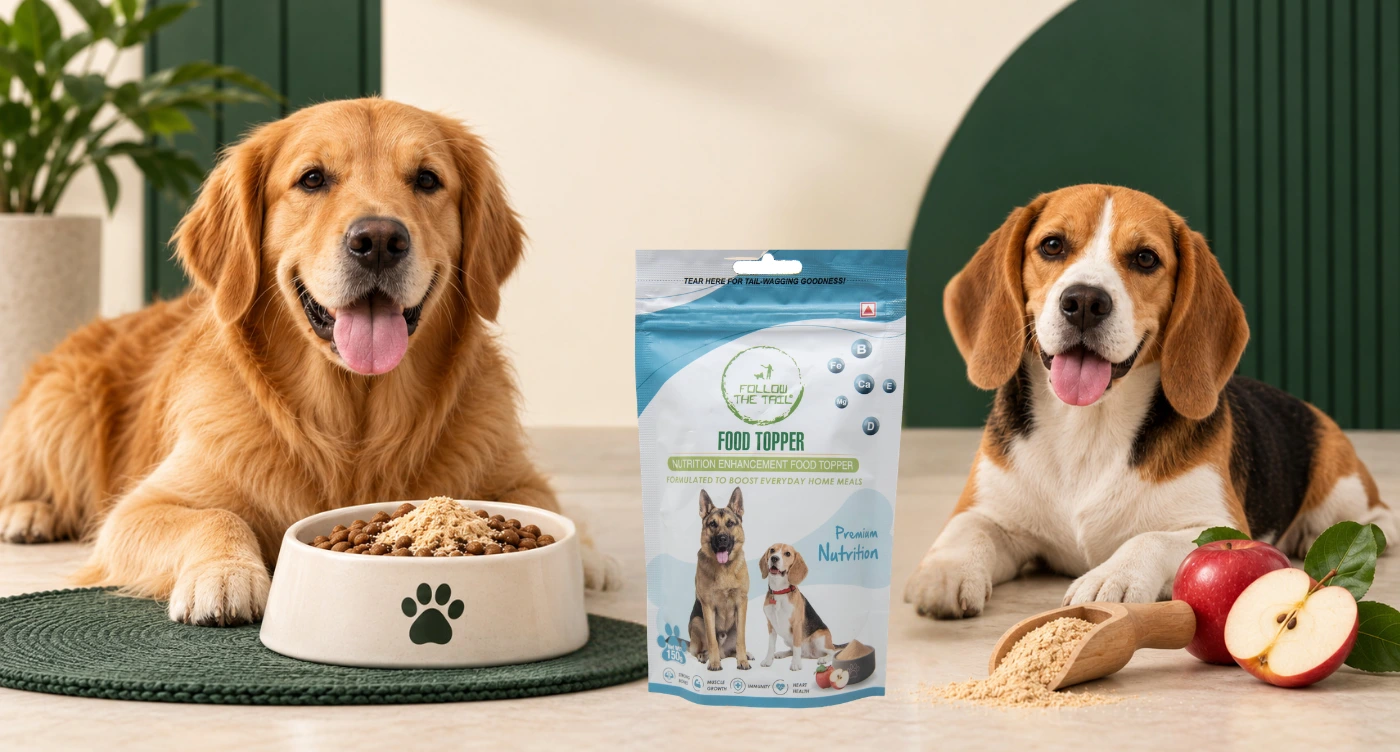 Follow The Tail Dog Food Topper pack with a dog's meal bowl